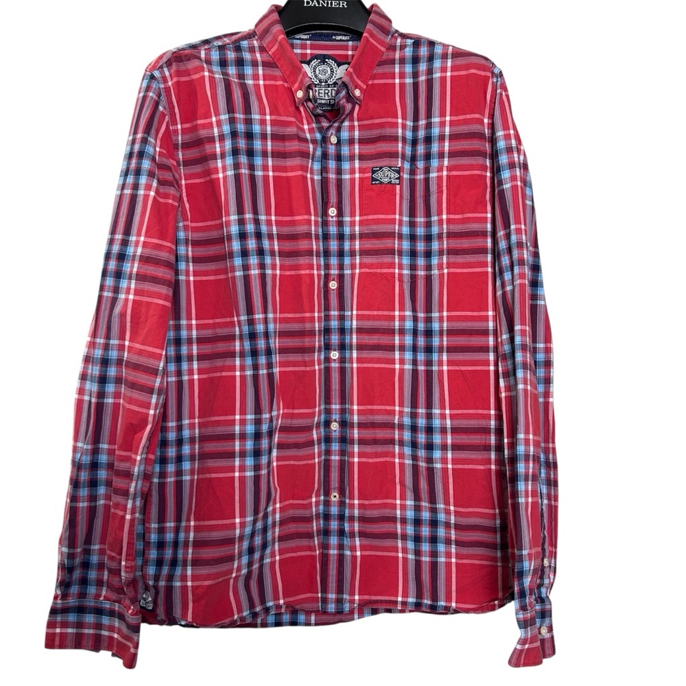 Superdry Men's Shirt XXL Button Down Plaid Washbasket Red Blue White Embroidery